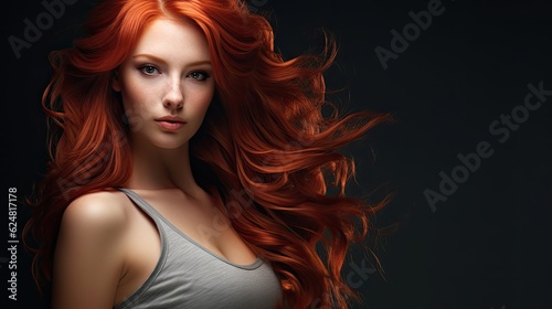 Portrait. Handsome young 20 years woman with red long hair, fashion model.