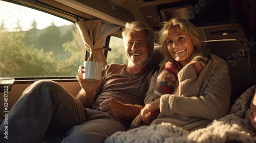 Mature lover couple enjoying a coffe in the camper van. © MiguelAngel