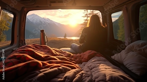 Woman enjoy the sunset inside the camper van.