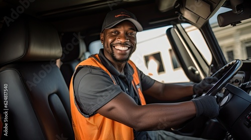 Portrait, black young man is a professional driver in a truck.
