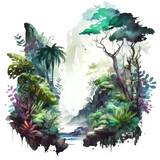 Tropical Jungle, colorful forest watercolor illustration isolated with a transparent background, woodland landscape design created with Generative AI