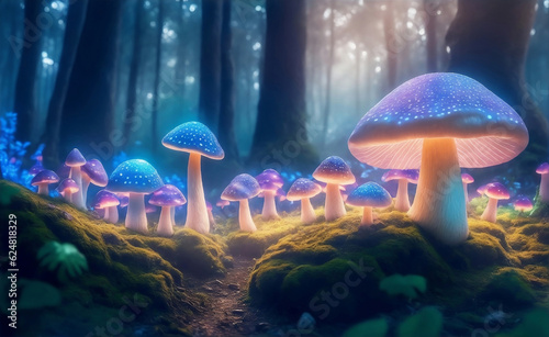 A magical forest with mushrooms, Generative AI Illustration.