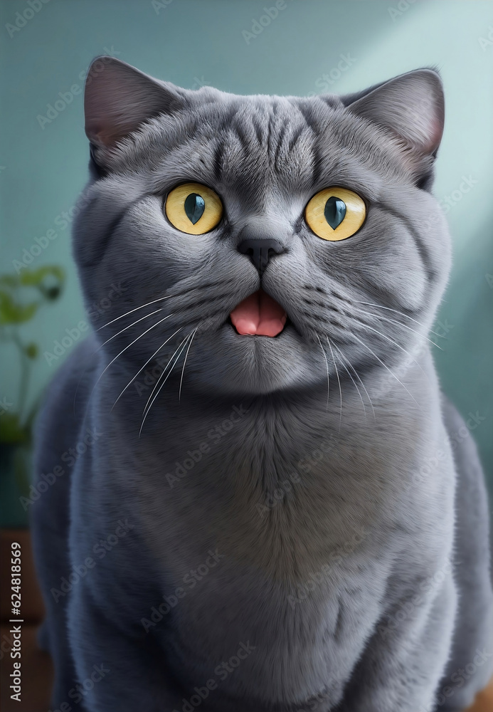 Funny grey cat looking shocked, Generative AI Illustration.