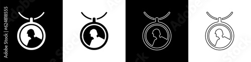 Set Locket on necklace icon isolated on black and white background. Vector