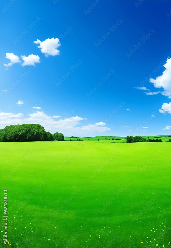 Green meadow and blue sky, Generative AI Illustration. Green meadow and blue sky, Generative AI Illustration.