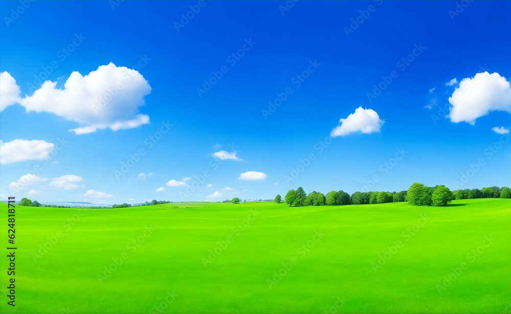Green meadow and blue sky, Generative AI Illustration. Green meadow and blue sky, Generative AI Illustration.
