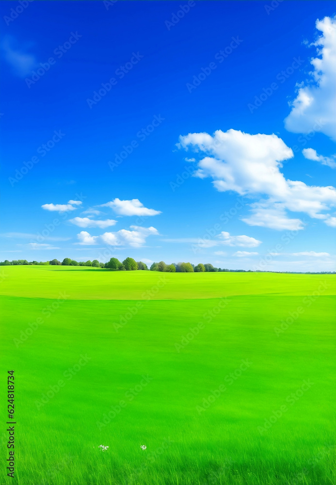 Fototapeta premium Green meadow and blue sky, Generative AI Illustration.