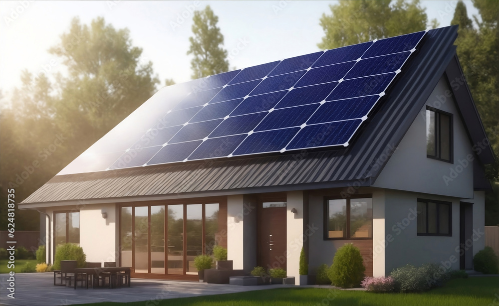 Solar panels on modern house, Generative AI Illustration. Solar panels on modern house, Generative AI Illustration.