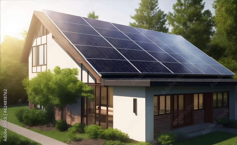 Solar panels on modern house, Generative AI Illustration.