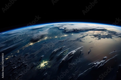 Earth in Space. Planet Globe on Black Background for Science Wallpaper © Thares2020