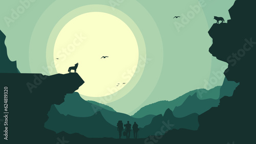 Travelers climb with backpack and travel walking sticks, silhouette of a person in the mountains, a man with backpack for hiking silhouette vector, a Man hiking in the mountains with backpack © riansa28