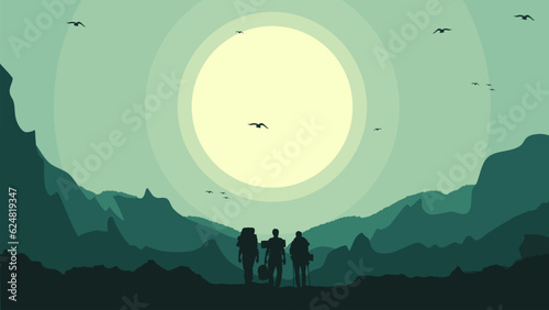 Travelers climb with backpack and travel walking sticks, silhouette of a person in the mountains, a Man hiking in the mountains with backpack, person with backpack for hiking silhouette vector