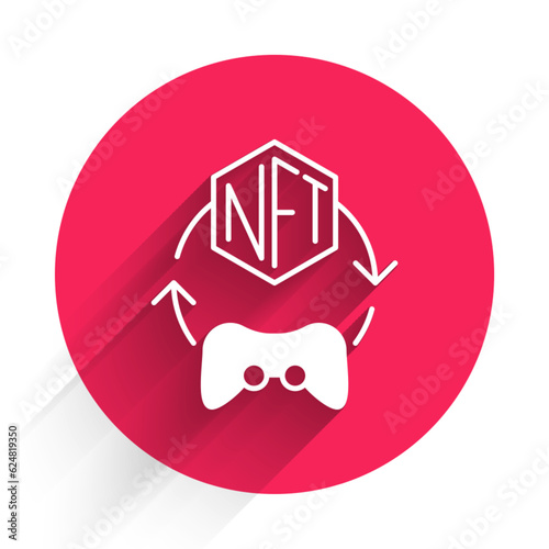 White NFT Digital crypto art icon isolated with long shadow background. Non fungible token. Red circle button. Vector