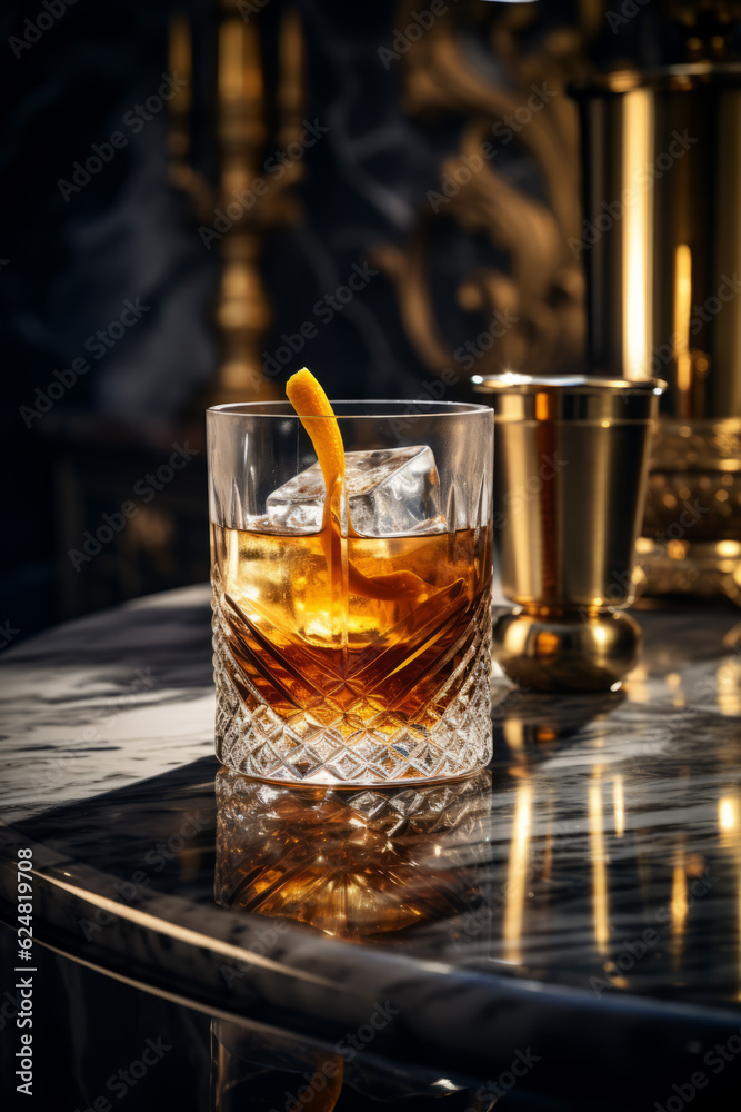 A luxury whiskey cocktail sitting on white and black marble, isolated on an expensive bar top. A luxury whiskey cocktail sitting on white and black marble, isolated on an expensive bar top.