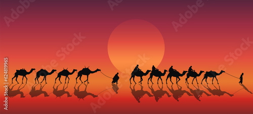 Camel caravan in the desert. Vector illustration of Bedouins with camels in the hot desert. Sketch for creativity.