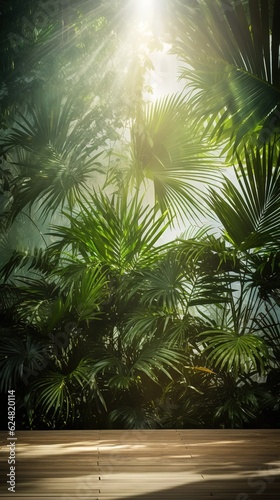 Bali style template green background  exotic tropical wall with green palm and banana leaves and atmospheric sunlight rays.