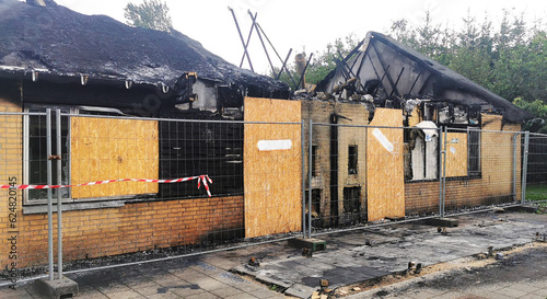 Damaged Danish house after an accidental fire burned down the home