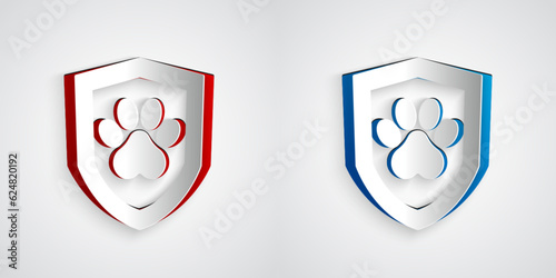 Paper cut Animal health insurance icon isolated on grey background. Pet protection concept. Dog or cat paw print. Paper art style. Vector
