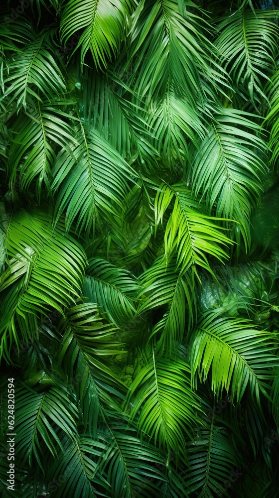 Bali style template green background, exotic tropical wall with green palm and banana leaves and atmospheric sunlight rays. - obrazy, fototapety, plakaty 