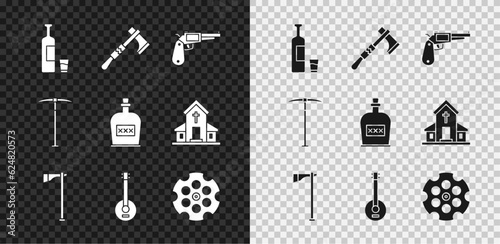 Set Whiskey bottle and glass, Tomahawk axe, Revolver gun, Banjo, cylinder, Pickaxe and Alcohol drink Rum icon. Vector