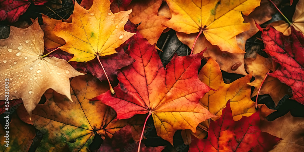 Fototapeta premium autumn background with fallen orange golden maple leaves with a copy space. Generative AI illustration