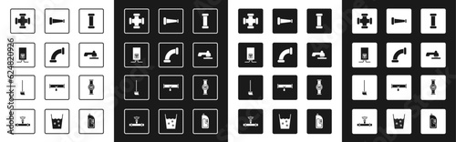 Set Industry metallic pipe, Gas boiler with burning fire, Water tap, meter and Mop icon. Vector
