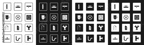 Set Broken pipe with leaking water, Industry valve, Electric boiler for heating, and, Manhole sewer cover, metallic and Shower icon. Vector