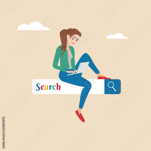 Search box, SEO search engine optimization or finding online job or career opportunity concept, woman working with computer laptop on search box with magnifying glass button.