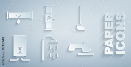 Set Shower, Mop, Gas boiler with a burning fire, Water tap, Industry pipe and valve and Broken leaking water icon. Vector