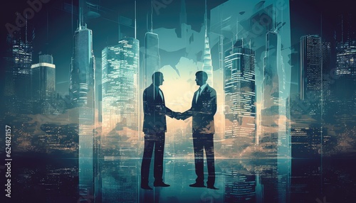 Silhouette business people shaking hands, Double exposure, Cityscape. Illustration