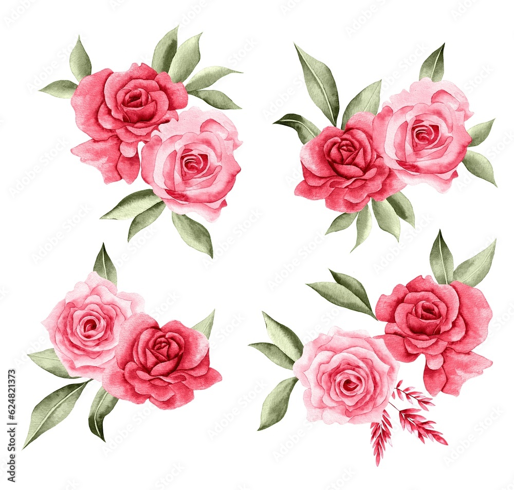 Watercolor Bouquet of flowers, isolated, white background, red roses and green leaves