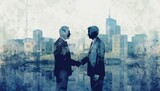 Silhouette business people shaking hands, Double exposure, Cityscape. Illustration