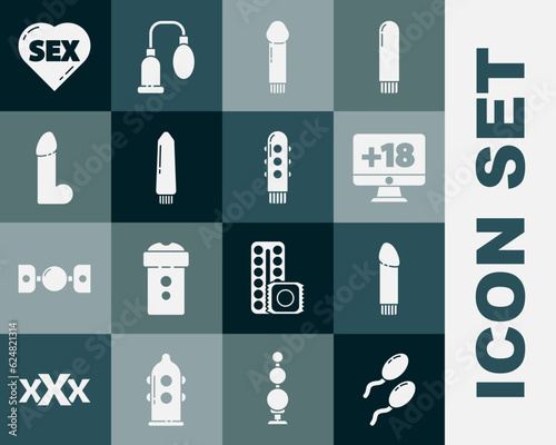Set Sperm, Dildo vibrator, Monitor with 18 plus content, Heart text Sex and icon. Vector