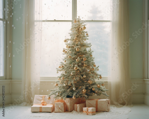 Illustation of minimal christmas concept of new year tree and xmas gifts. Holiday scene in pastel room with decorative balls Generative AI. photo