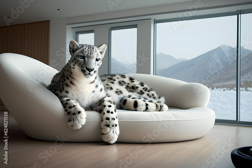 white room with snow leopard on couch, generative ai