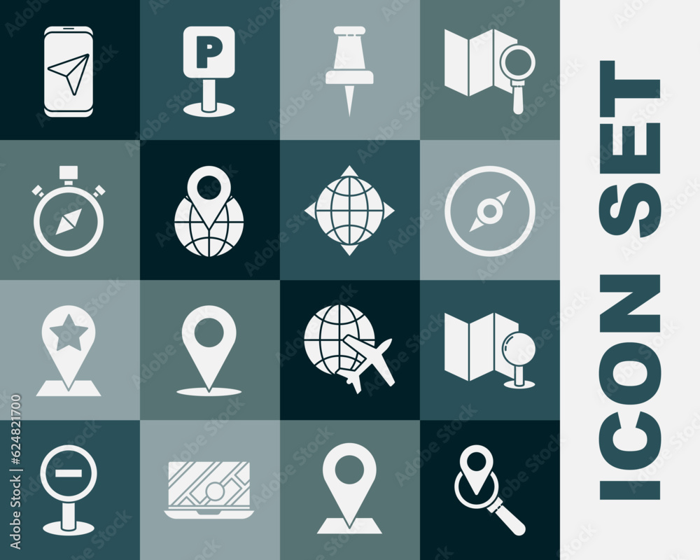 Set Search location, Folded map with push pin, Compass, Push, Location the globe, City navigation and World compass icon. Vector Set Search location, Folded map with push pin, Compass, Push, Location the globe, City navigation and World compass icon. Vector