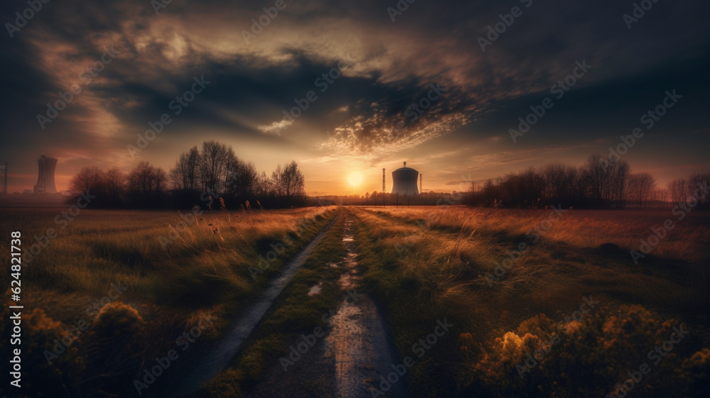 Fototapeta premium Large industrial building. Beautiful sky in the background. Industry. factory pipes. Release of combustion products into the atmosphere