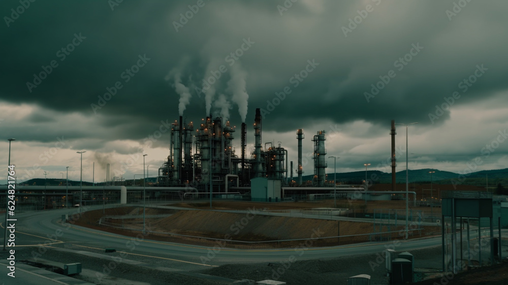 Large industrial building. Beautiful sky in the background. Industry. factory pipes. Release of combustion products into the atmosphere