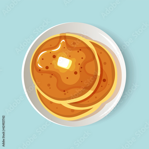 delicious pancakes with the butter on the plate, cartoon style vector illustration