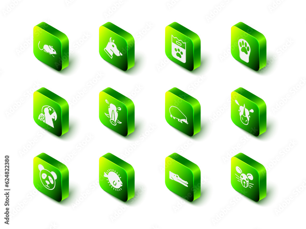 Set Dog head, Bag of food, Paw print, Rhinoceros, Rat, Hedgehog, Crocodile and Puffer fish icon. Vector Set Dog head, Bag of food, Paw print, Rhinoceros, Rat, Hedgehog, Crocodile and Puffer fish icon. Vector