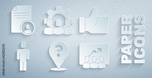 Set Question mark, Hand like, Head hunting, Project team base, and Resume icon. Vector