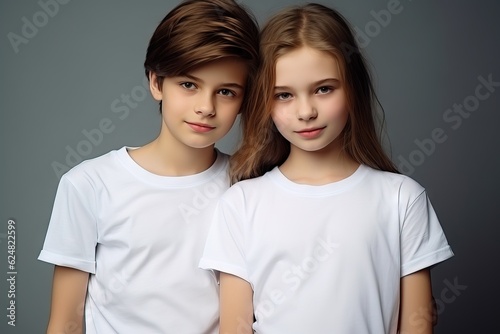  young boy and a girl posing in a pair of white t shirts
