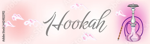 The hookah is Silver with a Pink glass dome. Stylish detailed hookah, vector illustration for banner. Tobacco smoking, smoke inhalation, design for bar, menu, card decoration. Poster with picture of