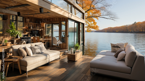 A living room filled with furniture next to a lake. Generative AI. Tiny boat house interior. © tilialucida