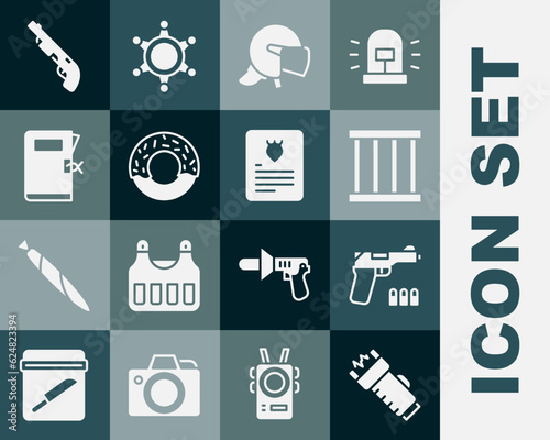 Set Police electric shocker, Pistol or gun, Prison window, helmet, Donut, station folder, shotgun and The arrest warrant icon. Vector