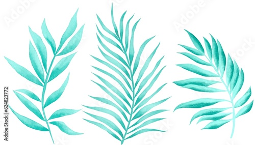 Watercolor leaves isolated, blue tropical elements, white background