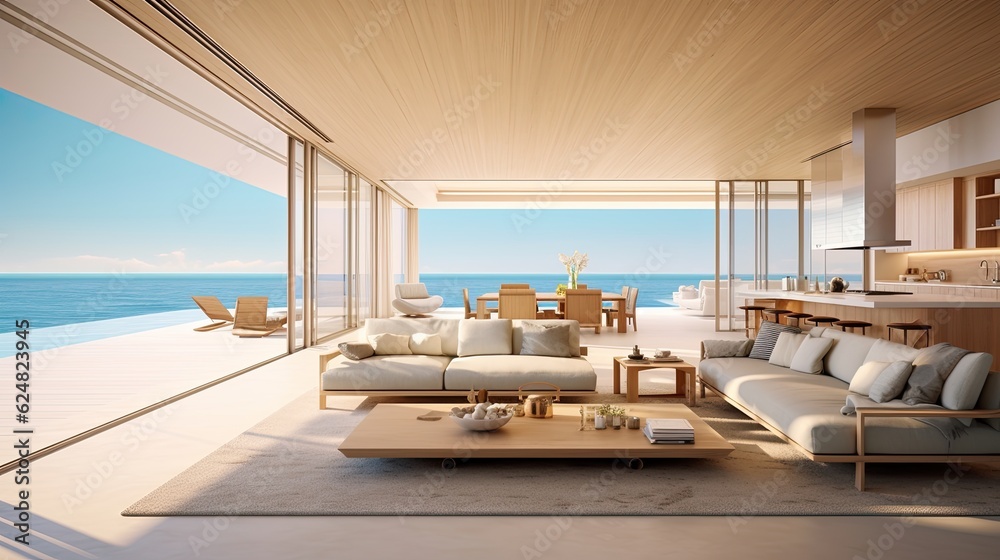 A minimalist beachfront villa photo realistic illustration - Generative AI. A minimalist beachfront villa photo realistic illustration - Generative AI.