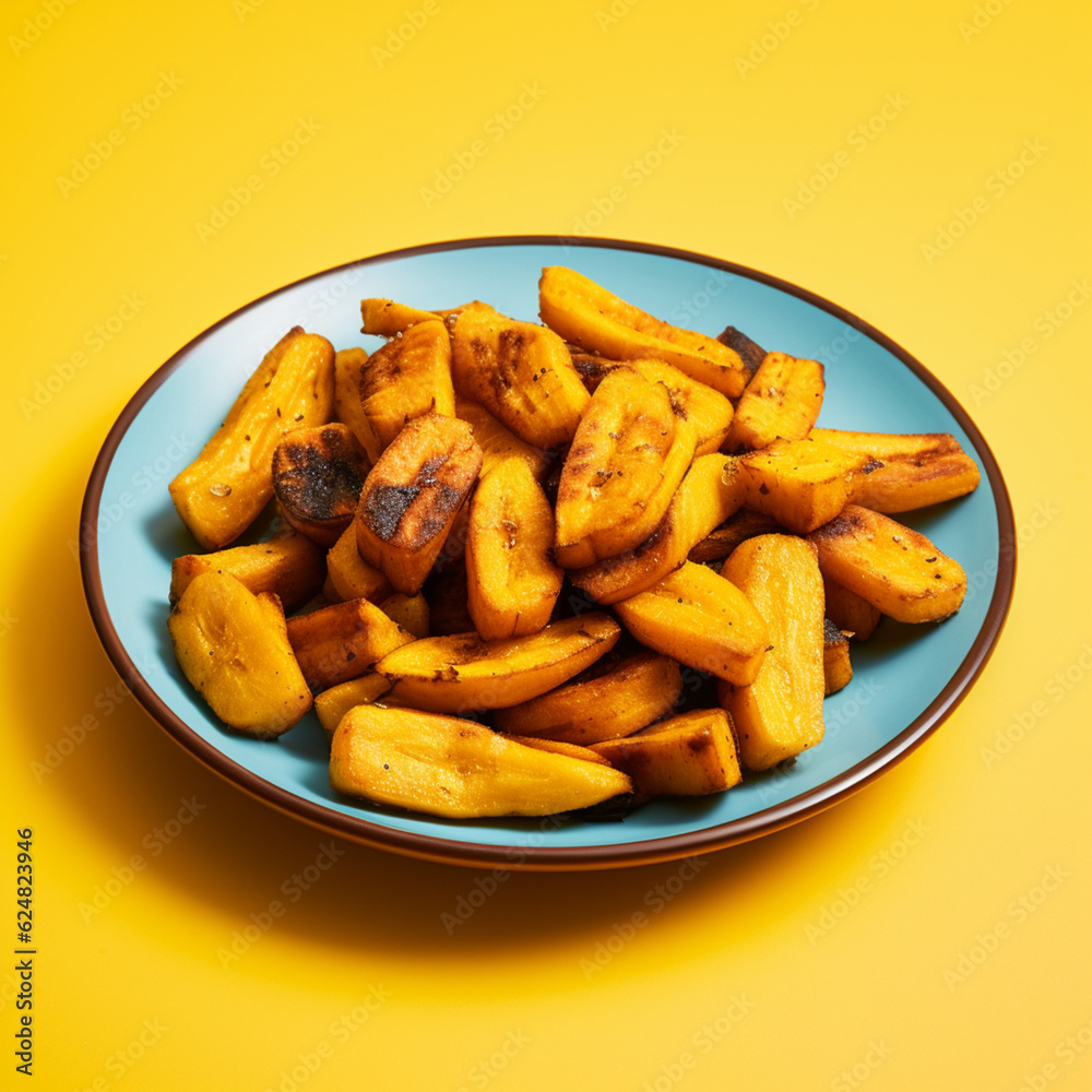 Fried plantain on a yellow background. Generative AI. Fried plantain on a yellow background. Generative AI.