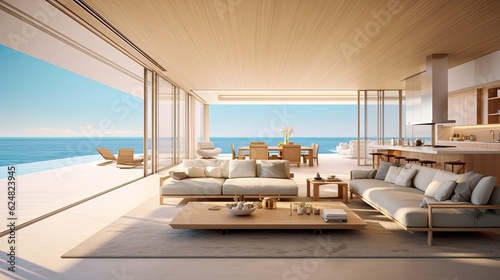 A minimalist beachfront villa photo realistic illustration - Generative AI. © Mariia