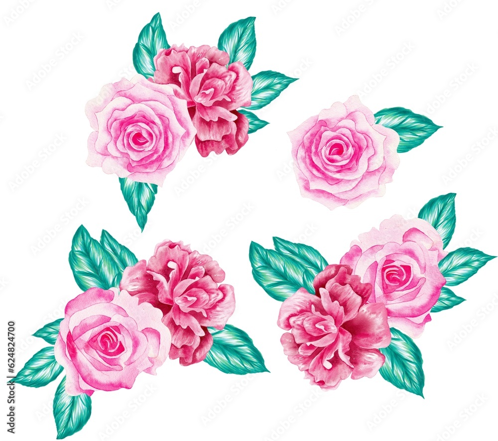 Watercolor Bouquet of flowers, isolated, white background, pink and red roses and green leaves